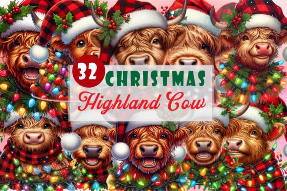 Cute Christmas Highland Cow Clipart for Graphics and Illustrations