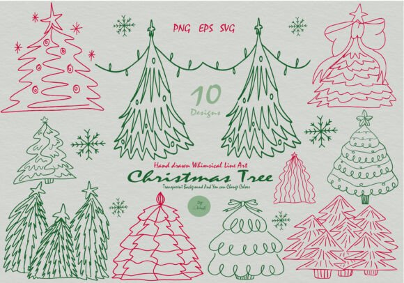 Handdrawn Whimsical Christmas Trees for Graphic Illustrations