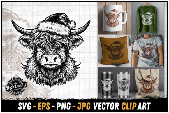 Sparkle Eyes Highland Cow Christmas Hat Graphics for Local Branding